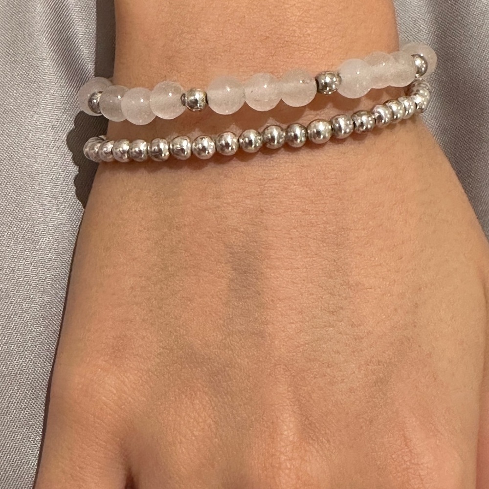 sterling silver & White jade Stretch Bracelet Set